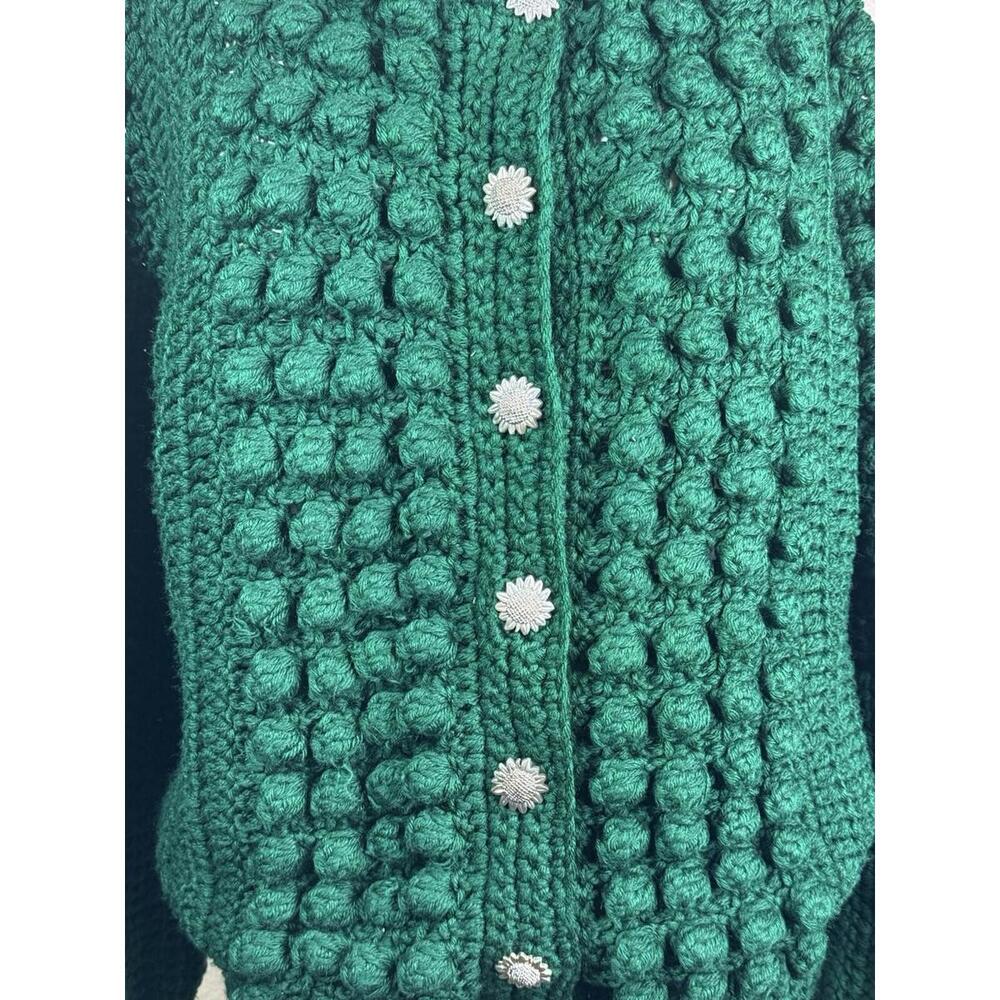 Vintage  Handmade 80s Green Popcorn Chunky Knit‎ Cardigan Sweater Size M - Picture 2 of 9